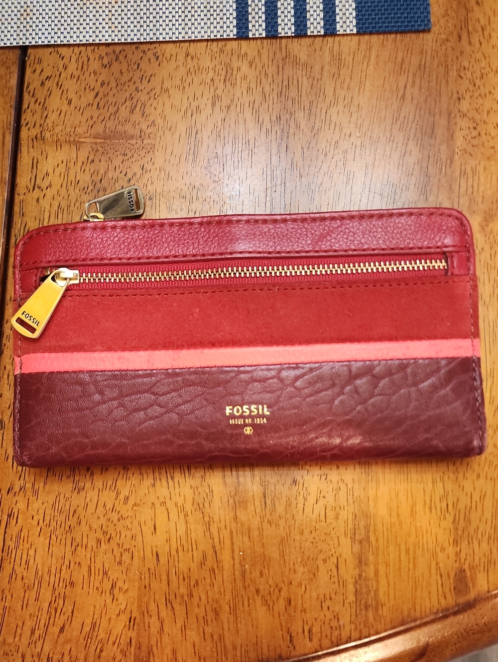Fossil Tri-Tone Red Leather Zip Wallet with Gold Accents